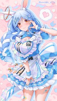 1girl alternate_costume animal_ear_fluff animal_ears blue_dress blue_hair braid breasts cleavage cowboy_shot dress half-heart_hands heart highres hololive large_breasts mature_female multicolored_hair napozouattop pekomama pink_background rabbit_ears rabbit_girl solo speech_bubble spoken_heart twitter_username two-tone_hair virtual_youtuber white_hair