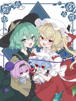 Rule 34 | 4girls, absurdres, back bow, bat wings, black hairband, black hat, blonde hair, blue hair, blue shirt, bow, buttons, chibi, commentary request, crystal, crystal wings, eyeball, flandre scarlet, floral border, frilled shirt collar, frilled skirt, frilled sleeves, frills, green eyes, green hair, green skirt, hair ornament, hairband, hat, hat bow, hat ribbon, heart, heart button, heart hair ornament, highres, hug, komeiji koishi, komeiji satori, long sleeves, looking at viewer, mob cap, multicolored wings, multiple girls, one side up, open mouth, pink eyes, pink hair, pointy ears, red eyes, red skirt, red vest, remilia scarlet, ribbon, shirataki oden2, shirt, short hair, siblings, sisters, skirt, skirt set, smile, third eye, touhou, vest, white bow, white hat, white skirt, wide sleeves, wings, yellow bow, yellow shirt