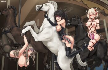 3girls absurdres anal anal_beads anal_object_insertion bdsm black_boots black_hair black_pantyhose blonde_hair bondage boots bound breasts carousel dildo dildo_riding elbow_gloves glasses gloves grey_hair highres inoue_takina large_breasts long_hair lycoris_recoil medium_breasts multiple_girls nakahara_mizuki nipple_bells nipple_piercing nipple_rings nipples nishikigi_chisato object_insertion pantyhose piercing restrained sex_toy shibari short_hair squirting_dildo suspension thigh_boots twintails vaginal vaginal_object_insertion yaya_(17201490)