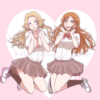 Rule 34 | 2girls, black socks, bleach, blonde hair, blue eyes, bow, bowtie, breasts, cleavage, commentary request, ikuno taso, inoue orihime, jewelry, karakura high school uniform, knees together feet apart, large breasts, matsumoto rangiku, miniskirt, multiple girls, necklace, open mouth, orange eyes, orange hair, partially unbuttoned, pleated skirt, red bow, red bowtie, school uniform, shoes, skirt, smile, sneakers, socks