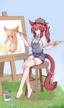 1girl absurdres animal_ear_fluff animal_ears barefoot belt blonde_hair blue_eyes blue_overalls breasts brown_eyes brown_hat closed_mouth commentary_request expressionless eyebrows_hidden_by_hair fox_ears fox_girl fox_tail full_body grass hair_ornament hairclip hat heterochromia highres holding holding_brush holding_paint_palette looking_at_viewer medium_hair on_stool open_mouth original overalls paint_can paint_on_body paint_on_clothes paint_palette painting_(object) pink_eyes shirt simple_background sitting small_breasts smile solo tail toes white_shirt ze_zhi_ai