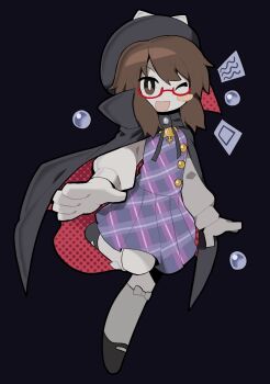 Rule 34 | 1girl, black background, black cape, black hat, black shoes, blush stickers, bow, bow legwear, bright pupils, brown eyes, brown hair, cape, card, collared cape, commentary, dated commentary, dot nose, dress, full body, glasses, hair over shoulder, halftone, happy, hat, hat bow, high collar, highres, kneehighs, kokum0tsu, leg up, long hair, long sleeves, looking at viewer, low twintails, mary janes, one eye closed, open mouth, orb, plaid clothes, plaid dress, pleated dress, puffy long sleeves, puffy sleeves, purple dress, red-framed eyewear, red cape, redrawn, shirt, shirt under dress, shoes, short dress, short twintails, simple background, single blush sticker, sleeveless, sleeveless dress, smile, socks, solo, standing, touhou, twintails, two-sided cape, two-sided fabric, usami sumireko, white bow, white pupils, white shirt, white socks