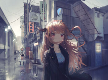 3girls absurdres alternate_costume amane_kanata angel bad_id bad_twitter_id black_jacket blonde_hair blue_hair blue_shirt breasts chibi cityscape clothes_lift detective dino_(dinoartforame) dragon_girl dragon_horns highres hololive hololive_english horns jacket jewelry kiryu_coco long_hair machine medium_breasts multicolored_hair multiple_girls necklace orange_hair pointy_ears red_eyes reflection reflective_liquid road school_uniform shirt sign signpost silver_hair skirt skirt_lift smol_ame streaked_hair street tears timeskip virtual_youtuber watson_amelia