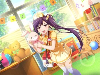 1girl bandaid bandaid_on_leg dress dutch_angle game_cg hat holding holding_stuffed_toy id_card indoors liu_mei_fan long_hair looking_at_viewer mole mole_under_eye nurse_cap official_art open_mouth orange_dress orange_hat purple_hair red_eyes short_sleeves shoujo_kageki_revue_starlight shoujo_kageki_revue_starlight_-re_live- solo standing stuffed_animal stuffed_rabbit stuffed_toy swept_bangs syringe_hair_ornament teddy_bear thighhighs upper_body very_long_hair white_thighhighs window