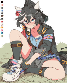 1girl animal_ears black_coat black_gloves black_hair black_jacket black_socks blue_eyes blue_shirt breasts coat collarbone ear_covers gloves grey_shorts hair_between_eyes hair_ornament horse_ears horse_girl horse_tail jacket katsuragi_ace_(dragon_rising_to_the_top)_(umamusume) katsuragi_ace_(umamusume) kneehighs long_hair long_sleeves looking_at_viewer multicolored_hair ponytail putting_on_footwear shirt shoes shorts sitting socks solo strapless strapless_shirt streaked_hair tail tassel tassel_hair_ornament toriga_naku umamusume white_hair
