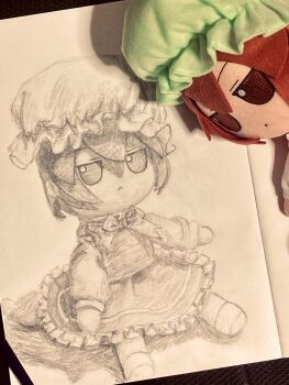 Rule 34 | 1girl, :<, animal ears, cat ears, cat girl, chen, commentary, english commentary, full body, fumo (doll), fumoteria, hat, highres, long sleeves, mob cap, photo (medium), shoes, short hair, sitting, solo, touhou, traditional media