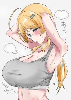 ahoge armpits blush breasts hachimiya_meguru hair_ornament hairpin highres idolmaster idolmaster_shiny_colors large_breasts puri_0228 sweat