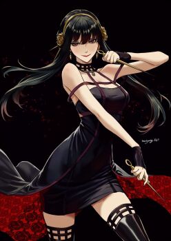1girl artist_name bare_shoulders black_background black_boots black_dress black_hair boots breasts cleavage closed_mouth cowboy_shot dagger dress dual_wielding earrings floral_print flower gold_earrings gold_hairband hair_between_eyes hair_flower hair_ornament hairband high-low_dress highres holding holding_weapon jewelry knife long_hair medium_breasts red_dress red_eyes ryu_(masu_nantoka-san) sidelocks smile solo spy_x_family stiletto_(weapon) thigh_boots thighhighs two-sided_dress two-sided_fabric updo weapon yor_briar zettai_ryouiki