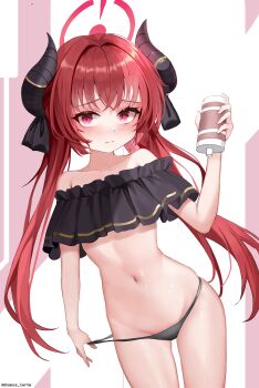 1girl absurdres bare_shoulders bikini bikini_pull black_bikini black_horns blue_archive bottle clothes_pull dobostorte frilled_bikini frills groin halo highres holding holding_bottle horns junko_(blue_archive) loli long_hair looking_at_viewer lotion_bottle navel petite pink_eyes pulling_own_clothes red_hair red_halo simple_background solo swimsuit twintails very_long_hair