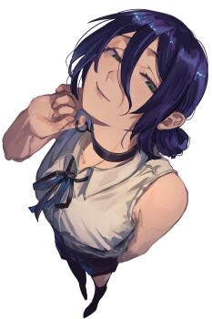 1girl black_choker black_ribbon chainsaw_man choker green_eyes grenade_pin hair_bun highres neck_ribbon pull_cord rasetsu001 reze_(chainsaw_man) ribbon shirt single_hair_bun sleeveless sleeveless_shirt solo