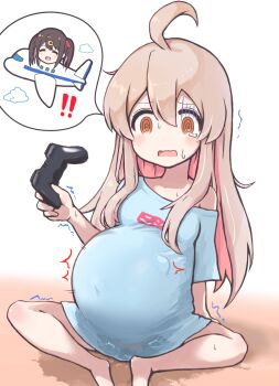 ! !! 1860_(ichi) 1girl @_@ ahoge aircraft airplane big_belly controller game_controller genderswap genderswap_(mtf) highres holding holding_controller holding_game_controller loli long_hair onii-chan_wa_oshimai! open_mouth orange_eyes oyama_mahiro oyama_mihari pink_hair pregnant pregnant_loli shirt sitting solo speech_bubble sweat t-shirt tears