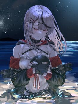 1girl armpit_crease asymmetrical_bangs belt belt_collar black_gloves black_hair black_jacket blunt_bangs braid breasts camisole caution_tape cleavage collar criss-cross_straps detached_hood ear_piercing fingerless_gloves frilled_camisole frills gloves grey_hair hair_ornament hairclip hairpin half-closed_eyes highres holding holding_mask hololive hood hood_down jacket large_breasts long_sleeves looking_down mask multicolored_hair night night_sky ocean open_clothes open_jacket parallel_hairclips partially_submerged piercing quilted_jacket red_eyes sakamata_chloe sakamata_chloe_(1st_costume) shino_12a side_braid single_braid sky sleeve_belt solo star_(sky) streaked_hair studded_belt two-sided_fabric two-sided_jacket upper_body virtual_youtuber wading white_camisole