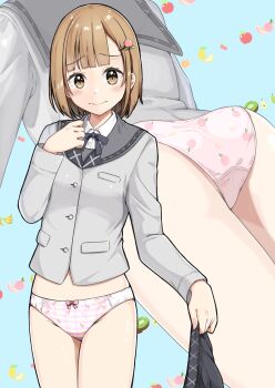 Rule 34 | 1girl, absurdres, ass, blue background, blunt ends, blush, bow, bow panties, breasts, brown eyes, brown hair, buttons, closed mouth, collared shirt, commentary request, commission, cowboy shot, crotch seam, dress shirt, embarrassed, food-themed hair ornament, food print, fruit background, fruit print, grey jacket, grey ribbon, grey sailor collar, grey skirt, hair ornament, hand up, highres, holding, holding unworn clothes, holding unworn skirt, jacket, large variant set, long sleeves, looking at viewer, medium hair, multiple views, neck ribbon, negimiso1989, no pants, original, panties, peach hair ornament, peach panties, peach print, pink bow, pink panties, pixiv commission, plaid clothes, plaid panties, pleated skirt, print panties, raised inner eyebrows, ribbon, sailor collar, school uniform, serafuku, shirt, skirt, small breasts, standing, underwear, unworn skirt, variant set, white shirt, zoom layer
