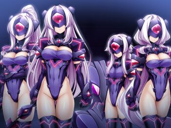 4girls amakubo_yuri armor azarin_(exs-tia) black_gloves breasts cleavage cleavage_cutout closed_mouth clothing_cutout covered_eyes covered_navel cowboy_shot elbow_gloves expressionless exs-slave exs-slave_alpha exs-slave_beta exs-slave_delta exs-slave_gamma floating floating_object floating_weapon game_cg gloves gluteal_fold head-mounted_display headgear highleg highleg_leotard inoino katsuragi_marina kouyoku_senki_exs-tia large_breasts large_variant_set leotard long_hair multiple_girls non-web_source official_art ponytail purple_gloves purple_leotard rieszverne_suzette_paladill shield shoulder_armor small_breasts standing thigh_gap thighhighs variant_set very_long_hair weapon white_hair