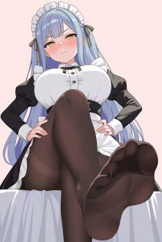 1girl absurdres apron artist_name bang_dream! bang_dream!_it's_mygo!!!!! bed bed_sheet black_dress black_pantyhose black_ribbon blue_hair blush breasts buttons closed_mouth collared_dress commentary_request crossed_legs dress feet foreshortening frilled_dress frilled_headwear frills from_below frown hair_ribbon hand_on_own_hip hand_on_own_thigh highres large_breasts legs long_hair long_sleeves looking_at_viewer maid maid_apron maid_headdress on_bed pantyhose pink_background ribbon simple_background sitting sleeves_past_wrists soles solo sweatdrop thighband_pantyhose thighs toe_seam toes togawa_sakiko two_side_up very_long_hair weitaming_c white_apron white_headdress yellow_eyes