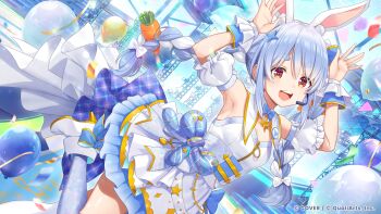 Rule 34 | 1girl, absurdres, animal ears, armpits, arms up, balloon, blue bow, blue bowtie, blue hair, blue thighhighs, boots, bow, bowtie, braid, breasts, carrot hair ornament, commentary request, concert, confetti, corset, detached sleeves, dress, extra ears, food-themed hair ornament, gold trim, hair ornament, headset, high heel boots, high heels, highres, hikimayu, hololive, hololive dreams, layered dress, long hair, looking at viewer, multicolored hair, official art, open mouth, puffy detached sleeves, puffy short sleeves, puffy sleeves, rabbit-shaped pupils, rabbit ears, rabbit girl, rabbit pose, red eyes, short eyebrows, short sleeves, sidelocks, small breasts, solo, star (symbol), star hair ornament, symbol-shaped pupils, teeth, thick eyebrows, thighhighs, twin braids, two-tone hair, upper teeth only, usada pekora, virtual youtuber, white boots, white dress, white hair