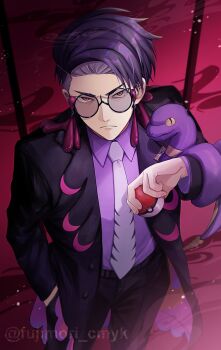1boy black_coat black_pants coat commentary_request corbeau_(pokemon) ekans eyewear_strap from_above fujimori_shiki gen_1_pokemon glasses hand_in_pocket highres holding holding_poke_ball male_focus necktie nintendo pants poke_ball pokemon pokemon_(creature) pokemon_legends:_z-a purple_hair purple_shirt round_eyewear shirt shouji sliding_doors snake white_necktie yellow_eyes