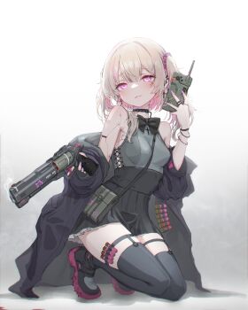1girl absurdres android bag blonde_hair boots bow breasts choker cross cross_earrings earrings fingernails full_body gun handbag handgun highres holding holding_gun holding_weapon jacket jewelry kneeling light_smile long_fingernails looking_at_viewer off_shoulder oota_youjo open_clothes open_jacket original pink_eyes revolver ring science_fiction skirt small_breasts solo thigh_boots two_side_up weapon