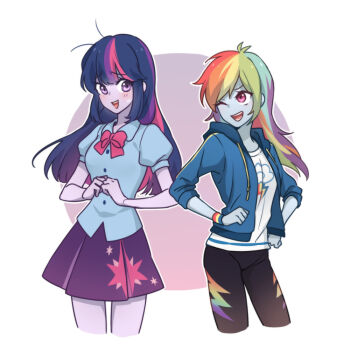 2girls ;d animification antenna_hair blue_jacket blue_shirt blue_skin blunt_bangs blush bow breasts circle colored_skin commentary cropped_legs cutie_mark dcon_34 hood hooded_jacket jacket long_hair medium_breasts multicolored_hair multiple_girls my_little_pony my_little_pony:_equestria_girls my_little_pony:_friendship_is_magic one_eye_closed open_clothes open_jacket open_mouth personification pink_bow pink_eyes puffy_short_sleeves puffy_sleeves purple_eyes purple_hair purple_skin purple_skirt rainbow_dash rainbow_dash_(equestria_girls) rainbow_hair scene_cut shirt short_sleeves sidelocks simple_background skirt smile standing sweatdrop twilight_sparkle twilight_sparkle_(human) white_background