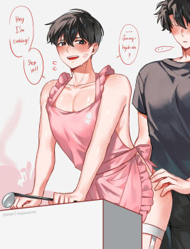 ... 2boys absurdres anger_vein apron arched_back black_hair black_shirt blush character_name commentary cowboy_shot english_commentary english_text hand_on_another's_ass highres holding holding_ladle kim_dokja kitchen ladle leaning_forward looking_at_another looking_back male_focus multiple_boys omniscient_reader's_viewpoint papercider pectorals pink_apron revealing_clothes shirt short_hair spoken_ellipsis sweatdrop t-shirt yaoi yoo_joonghyuk