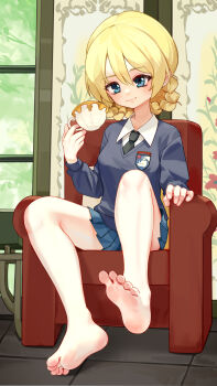 1girl absurdres barefoot black_necktie blonde_hair blue_eyes blue_skirt blue_sweater braid chair closed_mouth commentary_request cup darjeeling_(girls_und_panzer) double-parted_bangs feet full_body girls_und_panzer hair_between_eyes highres holding holding_cup kourou_(kouroukun) long_hair necktie pleated_skirt sitting skirt solo sweater teacup toes wing_collar