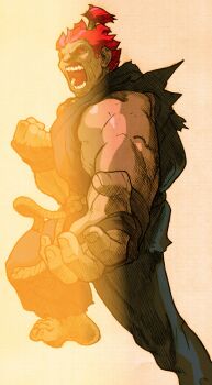 Rule 34 | 1boy, akuma (street fighter), angry, barefoot, beads, bengus, capcom, clenched hand, dougi, facing to the side, fighting stance, game cg, gloves, highres, karate gi, male focus, martial arts belt, marvel, marvel vs. capcom, marvel vs. capcom 2, muscular, muscular male, non-web source, official art, open mouth, outstretched arm, prayer beads, red eyes, red hair, scan, short hair, sidelighting, simple background, solo, street fighter, teeth, topknot