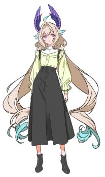 1girl aqua_hair blonde_hair commentary dress english_commentary enna_alouette expressionless fif_228 flat_chest flower full_body hair_flower hair_ornament head_wings high-waist_skirt highres long_hair low_twintails multicolored_hair nijisanji nijisanji_en parted_lips purple_eyes shoes simple_background skirt solo standing twintails two-tone_hair very_long_hair virtual_youtuber white_background wings