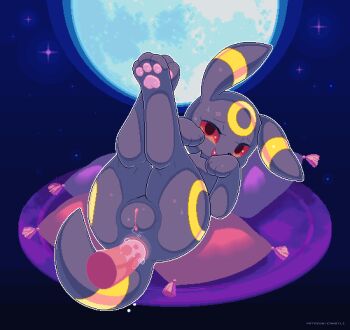 1girl abstract_background anal anal_fluid animal_hands animal_sexualization animated animated_gif anus black_eyes cleft_of_venus closed_eyes colored_sclera cum cum_in_ass disembodied_penis ejaculation eyelashes fat_mons furry gen_2_pokemon happy_sex kemocamotli legs_up looking_at_viewer lying missionary moon night nintendo nude on_back open_mouth orgasm pawpads penis pillow pixel_art pokemon pokemon_(creature) pussy pussy_juice red_sclera sex smile star_(symbol) star_symbol_background tail thick_thighs thighs umbreon uncensored
