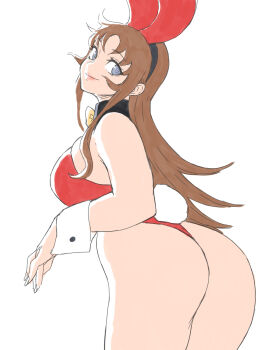 1girl animal_ears ass bare_legs blue_eyes breasts brown_hair closed_mouth detached_collar fake_animal_ears highleg highleg_leotard highres large_breasts leotard lips long_hair looking_at_viewer maria_grace_fleed mazinger_(series) playboy_bunny rabbit_ears rabbit_tail simple_background smile solo strapless strapless_leotard tail toshinoshin ufo_robo_grendizer white_background wrist_cuffs