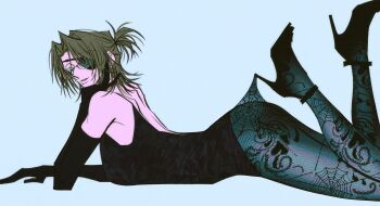 1other androgynous animal_print bare_shoulders black_dress black_gloves black_shoes brown_hair commentary dress elbow_gloves eyepatch full_body glasses gloves hange_zoe hashtag-only_commentary head_on_hand high_heels highres lace_pantyhose lace_pantyhose_hooked_on_heel_(meme) looking_at_viewer lying medium_hair meme on_stomach pantyhose parted_lips ponytail shingeki_no_kyojin shoes short_dress short_ponytail silk solo spider_print spider_web strappy_heels z1png