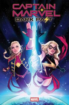 Rule 34 | 1girl, absurdres, aqua eyes, black bodysuit, black gloves, black leotard, black thighhighs, blonde hair, blue bodysuit, blue jacket, bodysuit, braid, captain marvel (marvel), carol danvers, character name, clenched hand, comic cover, company name, copyright logo, copyright name, cover, cover page, domino mask, dual persona, elbow gloves, english text, eye mask, fingerless gloves, flying, gloves, hair pulled back, highres, jacket, leotard, lightning bolt symbol, logo, long hair, looking ahead, lukas werneck, marvel, mask, ms. marvel, multicolored bodysuit, multicolored jacket, official alternate costume, official art, parted lips, planet, red bodysuit, red gloves, red jacket, red sash, sash, space, sparkle, superhero costume, thighhighs, western comics (style), yellow trim