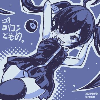 1girl ;d ahoge armpits arms_up backbeako_(torotei) backbeard blue_background blue_theme blush breasts commentary dated dated_commentary dress dutch_angle gegege_no_kitarou hair_over_one_eye hair_ribbon kono_lolicon_domome long_hair looking_at_viewer monochrome one_eye_closed open_mouth original paid_reward_available panties pantyshot pointy_ears ribbon simple_background skindentation sleeveless sleeveless_dress small_breasts smile solo thighhighs torotei translated twintails underwear watermark web_address