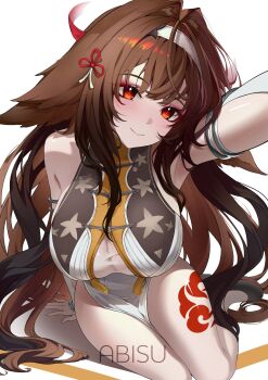 1girl animal_ear_fluff animal_ears arm_support arm_up armlet armpits artist_name bare_shoulders black_shoes blush bracelet breasts brown_hair china_dress chinese_clothes closed_mouth clover clover_hair_ornament commentary dress droopy_ears english_commentary fromabisu hair_ornament hairband head_tilt highres jewelry large_breasts leg_tattoo long_hair looking_at_viewer metal_bracelet red_eyes shoes silver_armlet silver_bracelet simple_background sitting smile solo tattoo very_long_hair white_background white_dress white_hairband ye_shunguang yokozuwari zenless_zone_zero