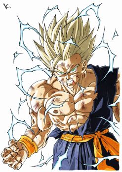 abs blonde_hair blue_jumpsuit clenched_hand clenched_teeth dragon_ball green_eyes highres jumpsuit kakeru_(dbskakeru) looking_at_viewer muscular muscular_male nipples orange_sash sash simple_background spiked_hair teeth toriyama_akira_(style) torn_clothes torn_jumpsuit upper_body waist_sash white_background
