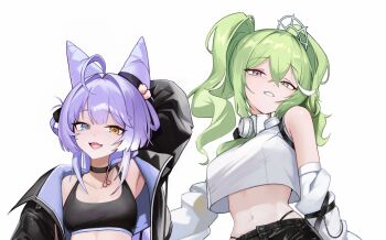 2girls ahoge anizi arm_behind_head arm_up armpits black_choker black_jacket black_pants black_sports_bra blue_eyes center-flap_bangs choker crop_top crop_top_overhang cropped_shirt crossed_bangs detached_sleeves double-parted_bangs fang green_eyes green_hair grin hair_between_eyes hair_horns hair_intakes hashtag-only_commentary heterochromia highres jacket long_bangs long_hair long_sleeves looking_at_viewer looking_down midriff multiple_girls navel open_mouth orange_eyes pants panty_straps purple_hair shirt simple_background single_bare_shoulder skin_fang sleeveless sleeveless_shirt smile sports_bra stellive tenko_shibuki twintails virtual_youtuber wavy_hair white_background white_shirt yuzuha_riko
