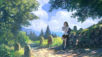1girl bag blue_sky brown_hair cloud day drink_carton drinking drinking_straw female_focus forest leaning_back looking_at_viewer milk_carton nature original path pavement road scenery school_uniform shirt shoulder_bag skirt sky solo summer you_(shimizu)