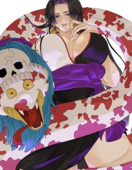 1girl black_dress black_hair blue_eyes boa_hancock breasts dress earrings forked_tongue fuji_1w highres jewelry large_breasts long_hair one_piece one_piece:_stampede parted_lips purple_sash salome_(one_piece) sash sidelocks simple_background skull snake snake_earrings tongue two-tone_dress white_background white_dress