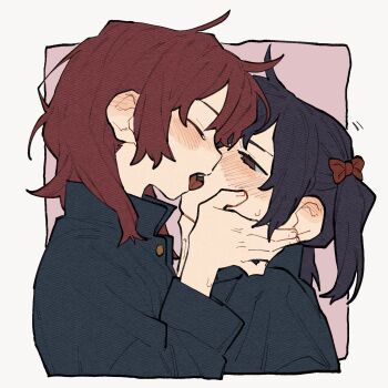 Rule 34 | 2girls, black hair, black jacket, blush, closed eyes, commentary, commission, ear blush, english commentary, exxska 1, french kiss, grey background, hands on another's face, highres, jacket, kiss, love live!, love live! school idol project, medium hair, multiple girls, nishikino maki, pink background, red eyes, red hair, second-party source, sweat, tongue, tongue out, twintails, two-tone background, yazawa nico, yuri