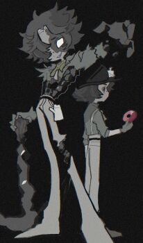 2boys black_background burn_scar button_eyes buttons candle chromatic_aberration collared_shirt commentary disembodied_hand dual_persona film_grain fool&#039;s_gold_(identity_v) full_body gloves green_neckerchief grin hair_over_one_eye highres holding holding_pickaxe identity_v long_sleeves looking_at_viewer magnet male_focus multiple_boys neckerchief norton_campbell pants pickaxe reaching reaching_towards_viewer rock scar shirt short_hair simple_background smile solid_eyes spot_color standing suspenders tabun_ningen torn_clothes torn_shirt white_eyes