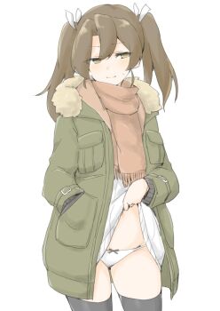 1girl akara_kai alternate_costume black_thighhighs blush cowboy_shot dress embarrassed green_eyes green_hair green_jacket hair_between_eyes hair_ribbon highres jacket kantai_collection lifting_own_clothes long_hair long_sleeves official_alternate_costume panties ribbed_dress ribbon scarf sweater thighhighs twintails underwear white_panties white_ribbon zuikaku_(kancolle) zuikaku_(valentine)_(kancolle)