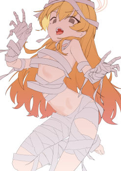 1girl bdsm blonde_hair blue_archive bondage bound breasts looking_at_viewer nijiko_uro simple_background small_breasts solo standing standing_on_one_leg tongue tongue_out twitter white_background yoshimi_(blue_archive) yoshimi_(halloween)_(blue_archive)