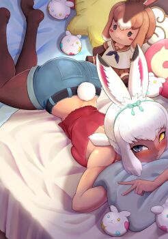 1girl :3 absurdres animal_ears bare_shoulders black_pantyhose blue_bow blue_eyes blue_shorts blush bow casual character_doll ciapolilla crop_top denim denim_shorts doll hair_between_eyes hair_bow heterochromia highres japanese_hare_(kemono_friends) japari_symbol kemono_friends kemono_friends_3 looking_at_viewer no_shoes official_alternate_costume on_bed pantyhose pillow rabbit_ears rabbit_girl rabbit_tail red_shirt shirt short_hair shorts sidelocks sleeveless smile solo tail tsukuyomi_shinshi_(kemono_friends) white_hair yellow_eyes