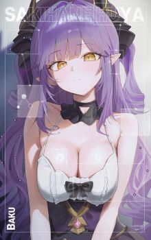 Rule 34 | 1girl, absurdres, artist name, bare shoulders, blunt bangs, blush, border, bow, breasts, character name, cleavage, closed mouth, collarbone, commentary, copyright name, diamond (shape), dragon girl, dragon horns, gem, gold, habi (kyuri 318), hair intakes, highres, horns, korean commentary, large breasts, long hair, looking at viewer, pink gem, pointy ears, purple hair, purple skirt, sakihane huya, shirt, shirt bow, skirt, sleeveless, sleeveless shirt, slit pupils, solo, stellive, two side up, very long hair, virtual youtuber, white shirt, yellow eyes