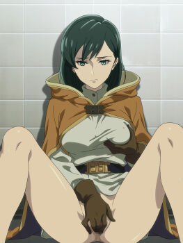 1girl absurdres bottomless breasts brown_cloak brown_gloves brown_hood censored cloak commission female_masturbation fingering gloves grabbing_own_breast green_eyes green_hair highres lily_(nier:automata) masturbation medium_breasts mosaic_censoring nier:automata nier_(series) pixiv_commission pussy pussy_juice salmon_knight sitting solo spread_legs