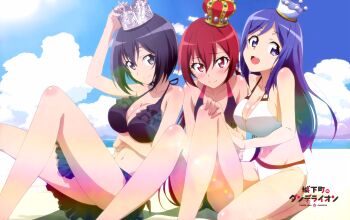 3girls beach black_hair blue_eyes blush breasts cleavage crown day grey_eyes highres joukamachi_no_dandelion large_breasts long_hair looking_at_viewer multiple_girls navel official_art open_mouth outdoors purple_hair red_eyes red_hair sakurada_akane sakurada_aoi sakurada_kanade sand short_hair sitting small_breasts smile swimsuit