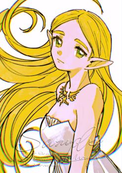 1girl artist_name bare_shoulders blonde_hair breasts cleavage closed_mouth dress floating_hair gold_necklace green_eyes highres jewelry long_hair looking_at_viewer medium_breasts mouyi necklace nintendo parted_bangs pointy_ears princess_zelda sample_watermark solo strapless strapless_dress the_legend_of_zelda the_legend_of_zelda:_breath_of_the_wild thick_eyebrows upper_body watermark white_background white_dress