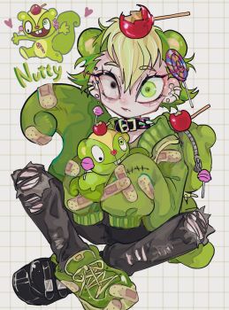 Rule 34 | 1boy, amatou akuma, animal ears, apple, asymmetrical footwear, backpack, bag, bandaid, bandaid on clothes, bandaid on tail, belt collar, black collar, black eyes, black pants, black shoes, black sneakers, blonde hair, buckle, candy, candy apple, candy apple hair ornament, candy cane, character backpack, character bag, character doll, character name, choker, closed mouth, collar, colored shoe soles, creature and personification, doll, ear piercing, earrings, expressionless, eye piercing, eyelashes, food, food on head, fruit, full body, green bag, green buckle, green eyes, green hair, green jacket, green shirt, green shoes, green sneakers, green theme, grid background, hair between eyes, happy tree friends, heart, heterochromia, highres, holding, holding stuffed toy, jacket, jewelry, lollipop, long sleeves, looking at viewer, male focus, multicolored hair, no sclera, nutty (happy tree friends), object on head, open clothes, open jacket, open mouth, original, pants, personification, piercing, sanpaku, shirt, shoes, short hair, simple background, sitting, sleeves past fingers, sleeves past wrists, sneakers, solo, spiked collar, spikes, squirrel boy, squirrel ears, squirrel tail, stitches, streaked hair, stuffed animal, stuffed squirrel, stuffed toy, tail, tiles, torn clothes, torn pants, two-tone hair, white background, wide-eyed, zipper, zipper pull tab