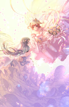 2girls aijou_karen back_bow bare_back bare_shoulders black_hair bloom blue_bow blue_dress blue_eyes blue_flower bouquet bow breasts bridal_veil bride brown_hair chinese_commentary closed_mouth collarbone commentary crown detached_sleeves dress dress_flower elbow_gloves falling_petals female_focus floating floating_hair flower frilled_dress frilled_sleeves frills gloves hair_bow hair_flower hair_ornament hei_yu high-low_dress highres holding holding_bouquet holding_hands kagura_hikari light_particles long_hair looking_at_another mini_crown multiple_girls petals pink_bow pink_dress pink_gloves pink_thighhighs puffy_detached_sleeves puffy_sleeves ribbon rose short_hair shoujo_kageki_revue_starlight smile sparkle_hair_ornament strapless strapless_dress thighhighs tilted_headwear two_side_up veil wedding_dress white_dress white_flower white_gloves white_rose wide_shot wife_and_wife yellow_background yellow_ribbon yuri zettai_ryouiki