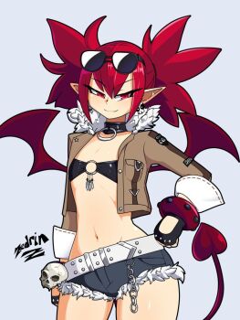 1girl belt blue_shorts bracelet brown_jacket casual cosplay cropped_jacket demon_girl demon_tail denim denim_shorts disgaea earrings etna_(disgaea) eyewear_on_head flat_chest fur-trimmed_jacket fur-trimmed_shorts fur_trim half-closed_eyes harley_(star_savior) harley_(star_savior)_(cosplay) jacket jewelry long_sleeves micro_shorts navel o-ring_bandeau pointy_ears red_eyes red_hair red_wings shorts skull_earrings solo spiked_bracelet spikes stomach sunglasses tail white_belt wings zedrin