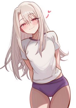 Rule 34 | 0nineo9, 1girl, absurdres, arms behind back, blush, breasts, buruma, commentary, english commentary, fate/stay night, fate (series), glowing, heart, highres, illyasviel von einzbern, long hair, looking at viewer, purple buruma, red eyes, shirt, short sleeves, sidelocks, small breasts, smile, solo, thighs, tiger dojo, white hair, white shirt